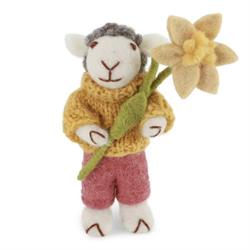 Gry og Sif -Grey Sheep With Yellow Jumper And Daffodil Hanging Decoration 